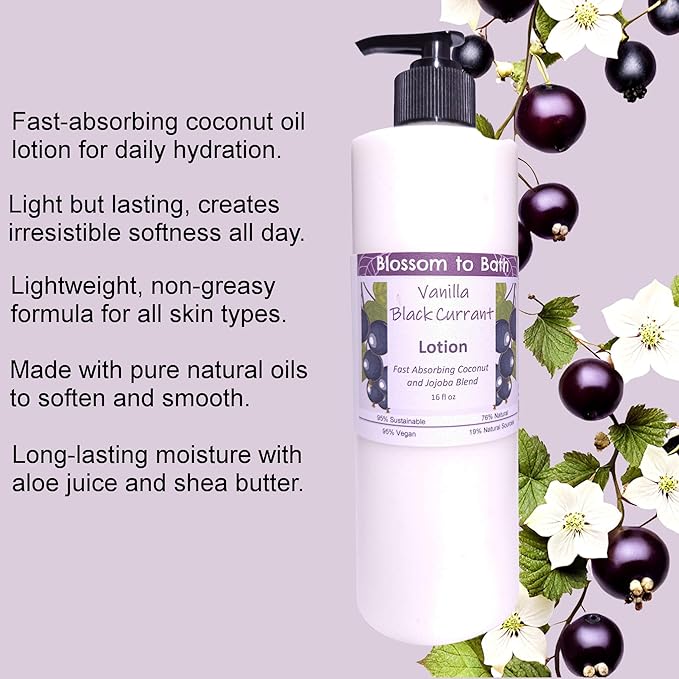 Blossom to Bath Vanilla Black Currant Lotion (16 ounce) - Natural Fragrance - Absorbs Quickly with a Sensuous Berry Scent