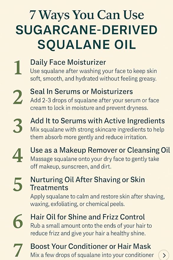 Squalane 100% Pure Plant Derived Face Oil 2 Fl Oz All Natural, Hydrates Nourish Moisturize Skin Face Body and Hair for All Skin Types