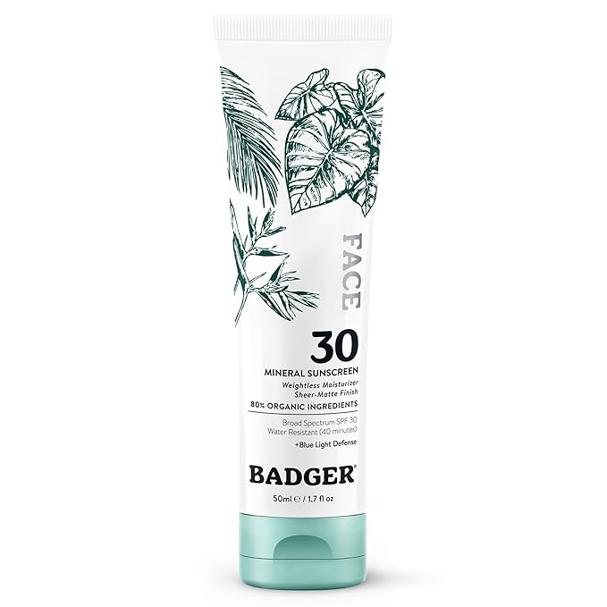 Badger Zinc Oxide Face Sunscreen SPF 30, Lightweight Mineral Sunscreen for Face, Matte Finish, No White Cast, Vegan, Water Resistant, Unscented, Mineral Sunblock Face Lotion, 1.7 fl oz