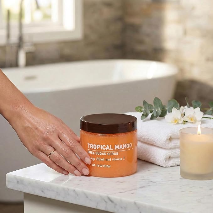 Tropical Mango Sugar Scrub – Exfoliating Body Scrub for Women, Moisturizing Shea Butter, Natural Sugar Exfoliant, Hand and Foot Scrub, Paraben-Free, All Skin Types, 18 oz (Pack of 2)