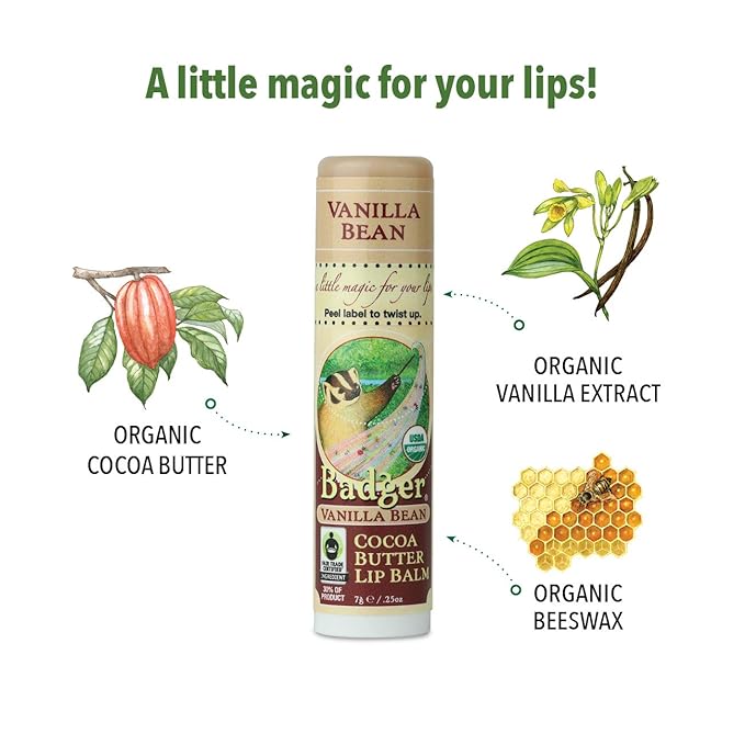 Badger - Cocoa Butter Lip Balm, Creamy Cocoa, Certified Organic Lip Balm, Fair Trade, Natural Lip Balm, Lip Butter, Lip Balm Cocoa Butter, Cocoa Care Lip Balm, 0.25 oz