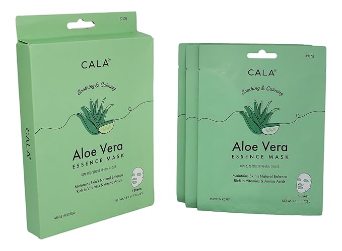 Cala Aloe Vera Essence Facial Sheet Masks (5 Pack) - Ultra-Thin Face Mask Sheets with Plant Extracts + Amino Acids, Hydrating & Soothing, For Dry/Dull Skin, No Rinse