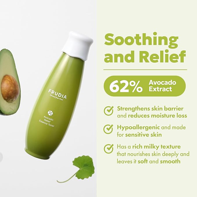 WELCOS FRUDIA Avocado Relief Essence Toner (6.59 oz) | Calming Korean Face Toner w/ 76% Avocado Extract, CICA & Madecassoside | Soothing Toner for for Sensitive Skin | Vegan and Cruelty Free