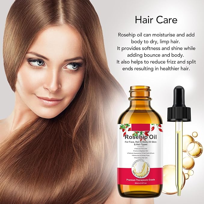 Rosehip Oil 60ml, 100% Pure & Natural Rosehip Oil for Face, Body, Hair, Skin & Hand, Can Be Used on Face Moisturizer, Anti-Aging, Dry Skin Relief, Hair Care. (1Pack-2.02fl.oz)