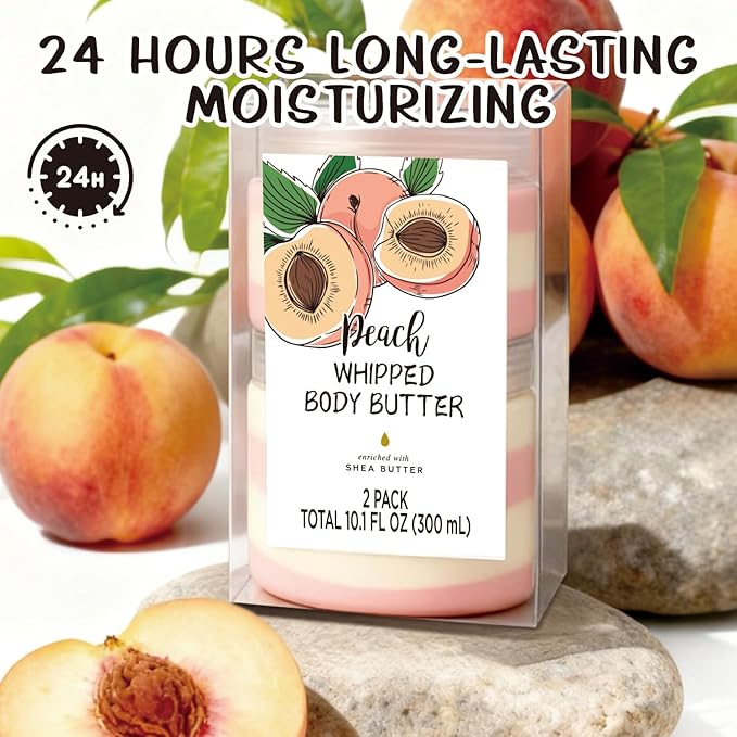 Peach Whipped Body Butter, Shea Body Butter for Women Dry Skin, Natural Peach Lotion for Body Moisturizer-Deep Moisturizing and Softening-3.4 floz+6.8 floz(100ml+200ml)