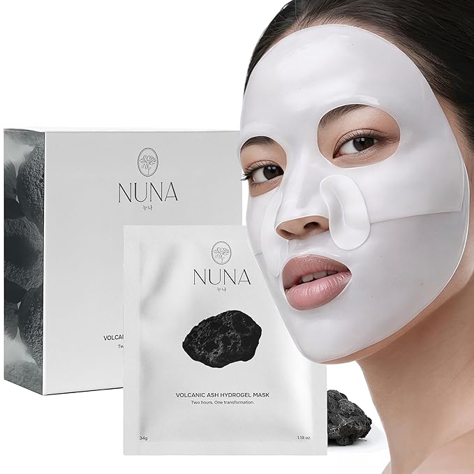 NUNA Volcanic Ash Hydrogel Face Masks with Smile Line Patches – Korean Glass Skin Detox & Deep Hydrating Jelly Mask with Hyaluronic Acid, Ceramides – Overnight Moisturizing + Purifying Care, 7 Sheets