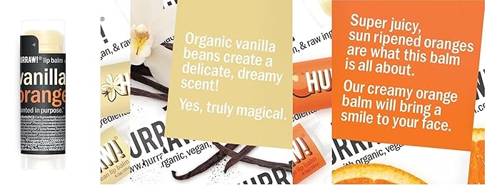 Hurraw! Vanilla & Orange Combo Lip Balm: Organic, Certified Vegan, Cruelty and Gluten Free. Non-GMO, 100% Natural Ingredients. Bee, Shea, Soy and Palm Free. Made in USA