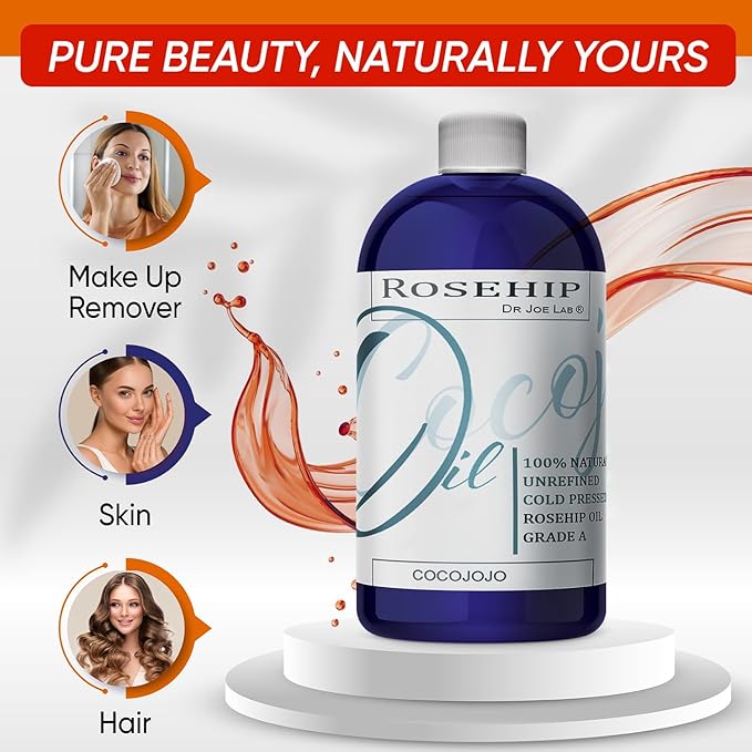 cocojojo Rosehip Oil for Face, Rose Oil for Face, Rose Hip Oil for Face, Rosehip Oil, Pure refined Cold Pressed All Natural for Hair Skin Face Body Nails Pure Oil - 32 Oz