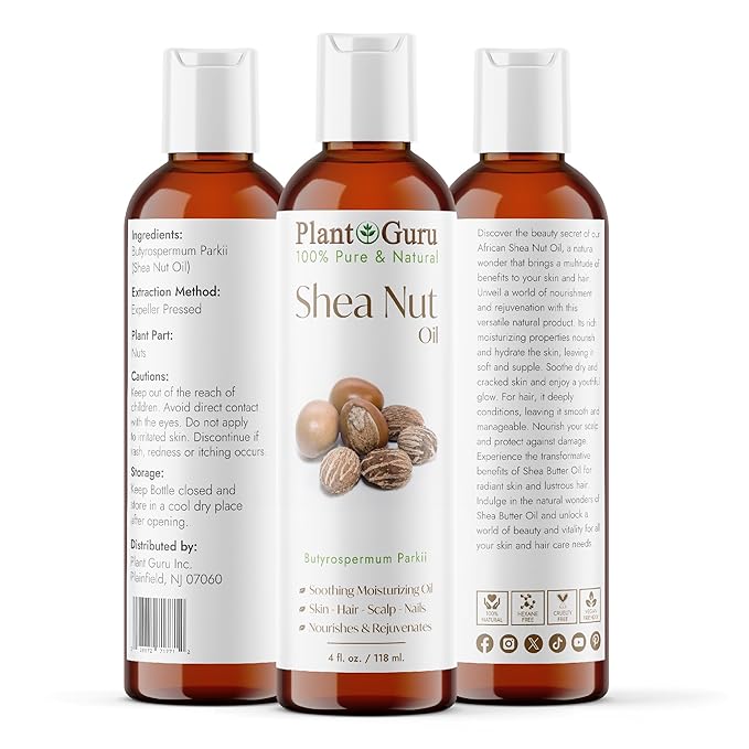 Plant Guru African Shea Nut Butter Oil 4 fl. oz. 100% Pure Natural Skin, Face, Hair Growth And Moisturizer. DIY Body Butters, Lotions, Creams, Lip Balm And Soap Making.