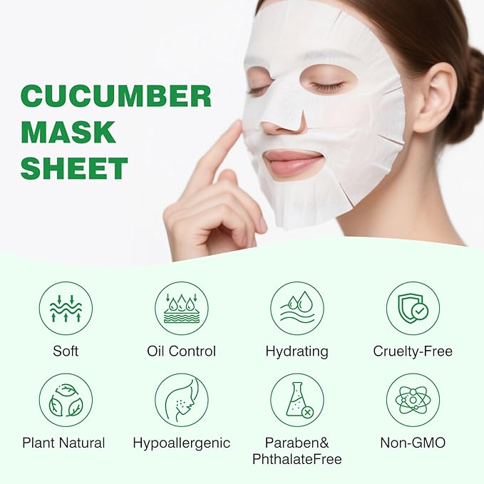 Cucumber Face Masks Sheet for Women,Moisturizes Facial Masks Oil Control,Hydrates, Soothes,Home Spa Facial Sheet Mask For All The Skin（6Pack）