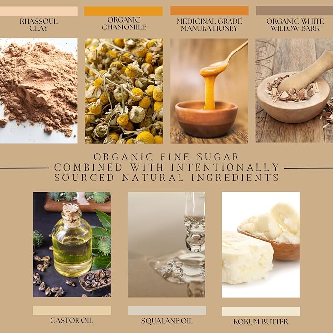 Emulsified Face Sugar Scrub, Organic squalane oil/Castor oil: Chamomile & White Willow Bark, Rhassoul Clay, Kokum Butter, Manuka Honey-Gentle exfoliant: Dry/Sensitive/Acne-Prone (CLARIFY)