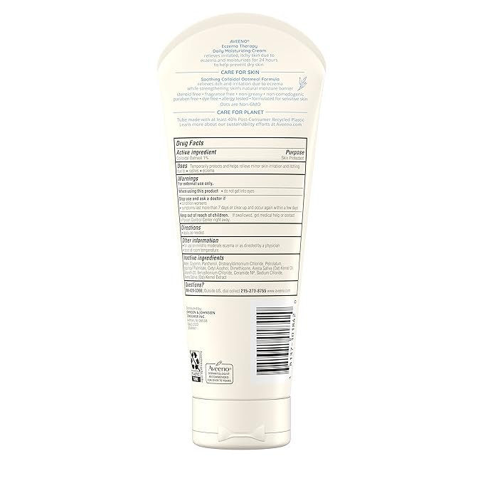 Aveeno Eczema Therapy Daily Moisturizing Body Cream for Itchy, Dry, Sensitive Skin, Soothing Eczema Relief Cream, Colloidal Oatmeal Skin Protectant, Dye-, Steroid- & Fragrance-Free, 7.3 oz