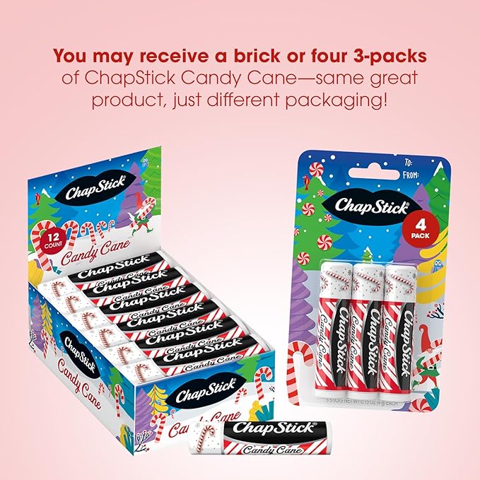 ChapStick Bulk Lip Balm, Candy Cane Packs (12 Sticks) – Fresh & Minty Lip Moisturizer, Stocking Stuffer, 0.15 Oz Ea