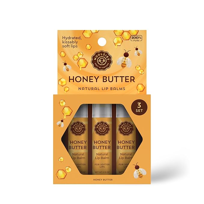 Lip Balm Set: All-Natural Shea Butter, Beeswax, Coconut Oil, Vitamin E Infused Lip Moisturizer Care (3 Pack, Honey Butter)