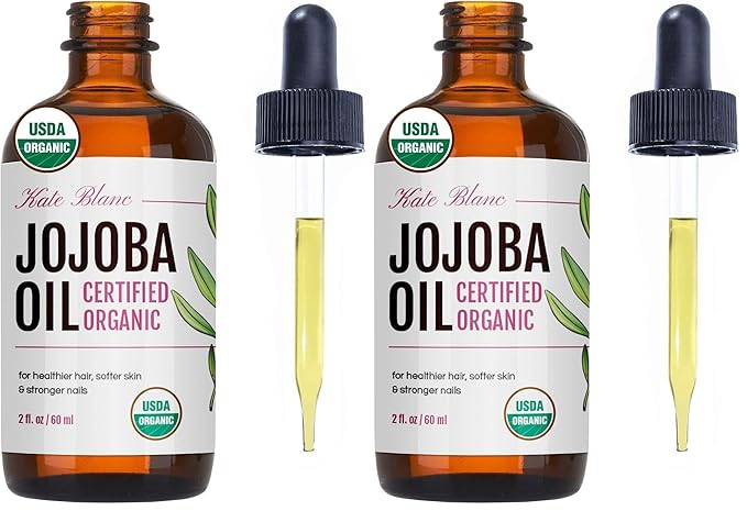 Kate Blanc Cosmetics Organic Jojoba Oil for Hair, Skin & Face (2oz, 100% Pure, Cold Pressed, Natural). Gua Sha Oil for Face & Dermaplaning (Pack of 2)