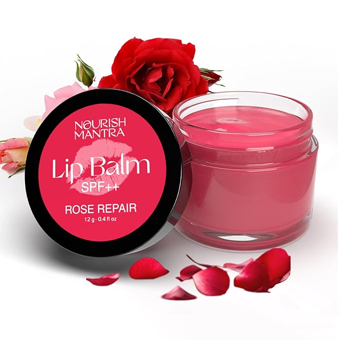 Nourish Mantra - Rose Repair Lip Balm with SPF | Made with Rose Extracts, Olive oil, Shea Butter, Vitamin E and Avocado Oil | For Dry, Chapped and Dark Lips | Best for Both Women and Men | 12g