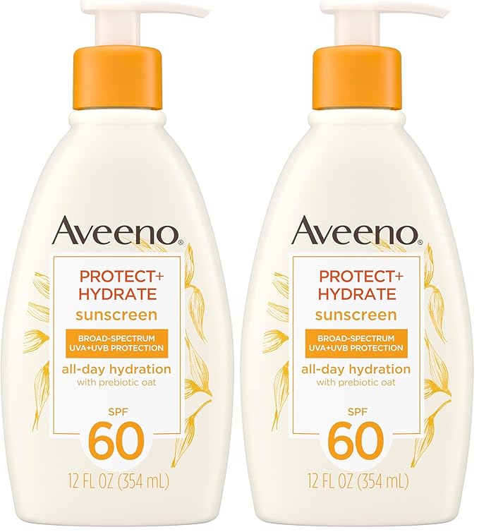 Aveeno Protect + Hydrate Sunscreen Moisturizing Lotion with Prebiotic Oat,Broad Spectrum SPF60,Paraben,& Oil Free,Weightless,Water & Sweat Resistant (80-min) for Sensitive Skin,12 Fl Oz,(Pack of 2)
