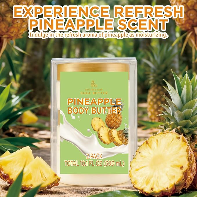 Pineapple Body Butter, Shea Body Butter for Women Dry Skin, Natural Pineapple Lotion for Body Care Smell Good-3.4 floz+6.8 floz(100ml+200ml)