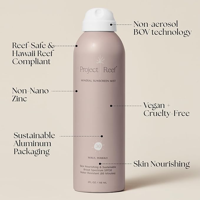 Project Reef SPF 30 Mineral Sunscreen Spray & Cooling Mist w/Aloe Vera, Peppermint, Cucumber - Non-Aerosol, Reef Safe, Sunburn Relief, No White Cast Sunscreen for All Skin Types