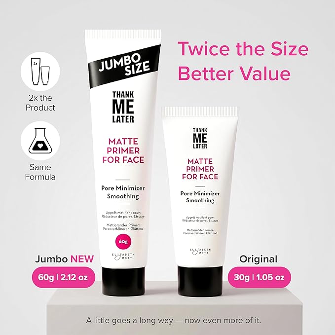 Elizabeth Mott Thank Me Later Face Primer - Mattifying Makeup Base Primer for Smooth Skin - Pore Minimizer, Smooth Fine Lines - Long-Lasting, Lightweight, Leaping Bunny Certified, Jumbo 60g (2X Size)