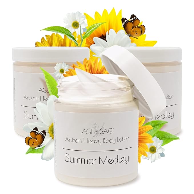 Body Lotion with Shea Butter - Gifts for Her, Body Moisturizers Infused with Coconut & Sunflower Oils, Valentines Gifts for Women Summer Medley Scent, Pack of Three 8 oz Jars