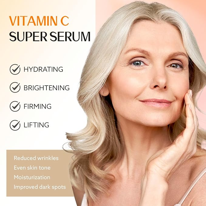 Super Vitamin C Serum for Women Over 70: Vitamin C Face Serum, Niacinamide, Bakuchiol, Hyaluronic Acid, Hydrating, Lifting, Reduces Aging Spots and Wrinkles - Korean Skin Care, 1 fl oz