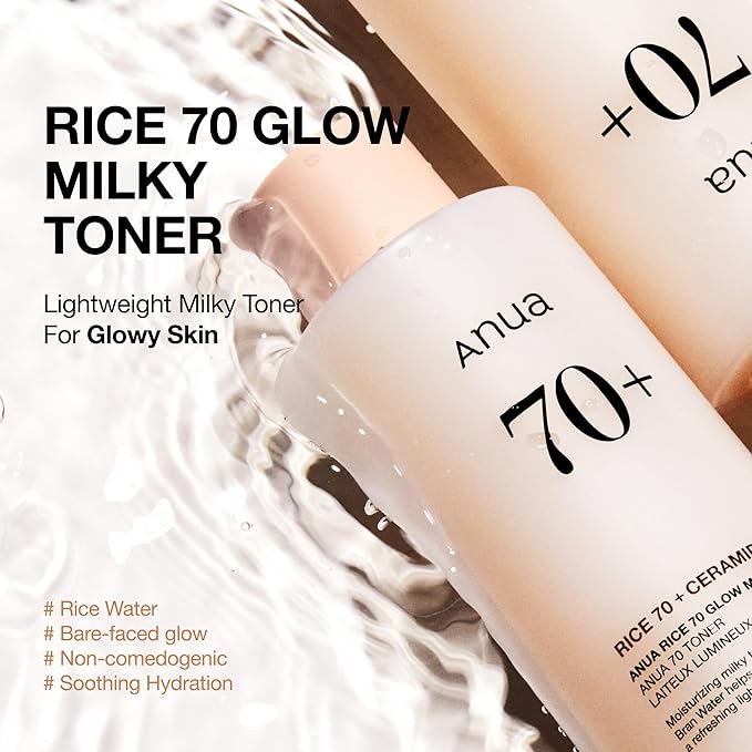 Anua Rice 70 Glow Milky Toner, Glass & Dewy Skin, Hydrating & Barrier Care, Rice Water, Niacinamide, Ceramides, All Skin Types, Fragrance-Free, Non Comedogenic, Korean Skincare, 8.45 fl.oz.