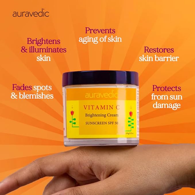 Auravedic Vitamin C Face Cream with SPF 50 for Glowing Skin | Reduces Sun Damage & Revives Dull Skin | Organic Hydration | Argan & Avocado Oil Infused Sunscreen Moisturizer | 3.53 Oz (100g)