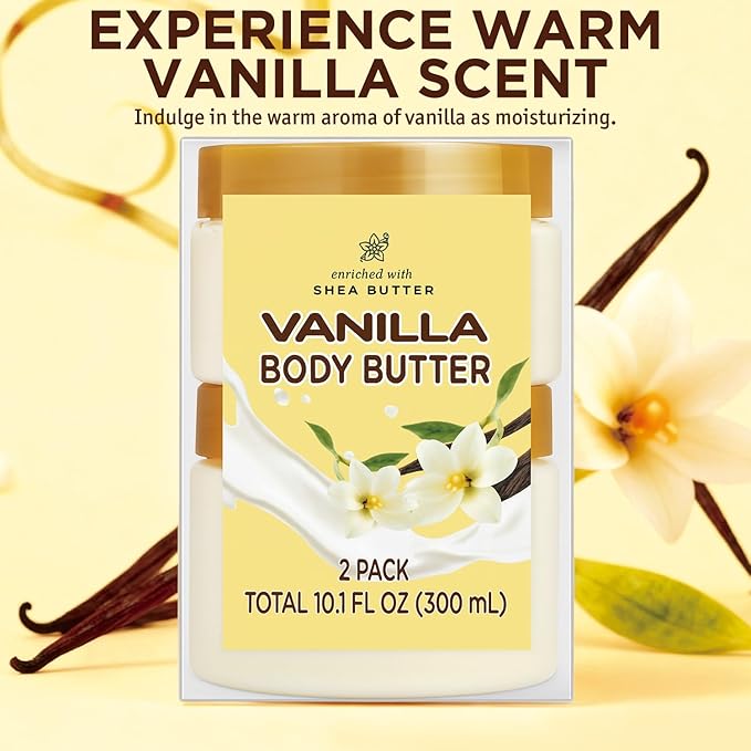 Vanilla Body Butter, Shea Body Butter for Women Dry Skin, Natural Vanilla Lotion for Body Care Smell Good-3.4 floz+6.8 floz(100ml+200ml)