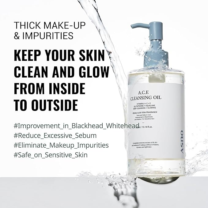 ASNO Multi Vitamin A.C.E Cleansing Oil 300ml - Vegan Makeup Cleanser, Blackhead Whitehead Sebum Remover, Pore Control & Aromatherapy, Glutathione + Aloe vera + Squalane, Korean Skin Care