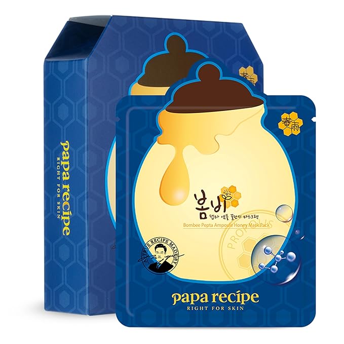 Papa Recipe Bombee Pepta Honey Sheet Mask 10 Sheets – Sensitive Skin Friendly, Deep Hydration & Moisture Lock with 6 Hyaluronic Acids, Korean Skincare Face Mask for Dry & Dull Skin