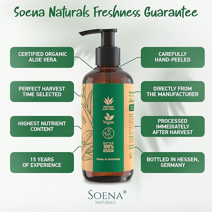 Soena Aloe Vera Gel Organic - FROM PURE ALOE LEAF JUICE - Vegan | 100% Natural & Unscented - Certified Organic - Made in Germany - Moisturizer - For Face, Skin, Hair, Sunburn relief