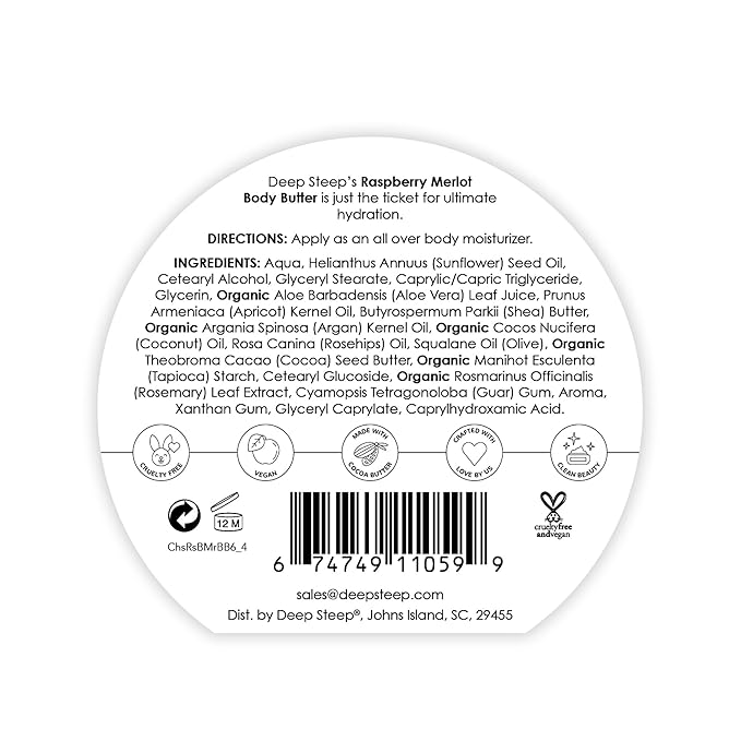 Deep Steep Body Butter, 6 oz – Rich Moisturizer with Ceramides, Coconut Oil, Argan Oil & Aloe Vera – Vegan, Clean Beauty, Smooth & Hydrated Skin (6 Ounces, Raspberry Merlot)