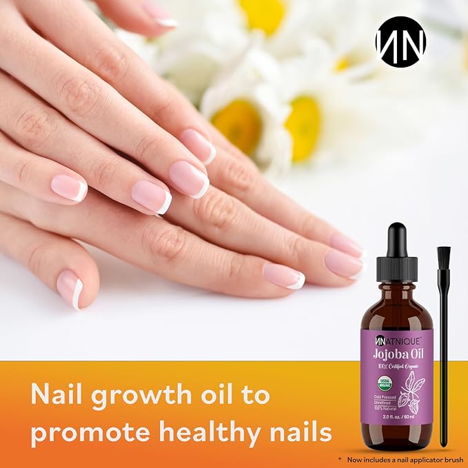 Natnique Organic Jojoba Oil – Brush Included – USDA Certified, Cold Pressed, Unrefined & Hexane-Free – Pure Moisturizer for Hair, Face, Skin, Beard, Scalp, Nails & Cuticles – Natural Care (2 oz)
