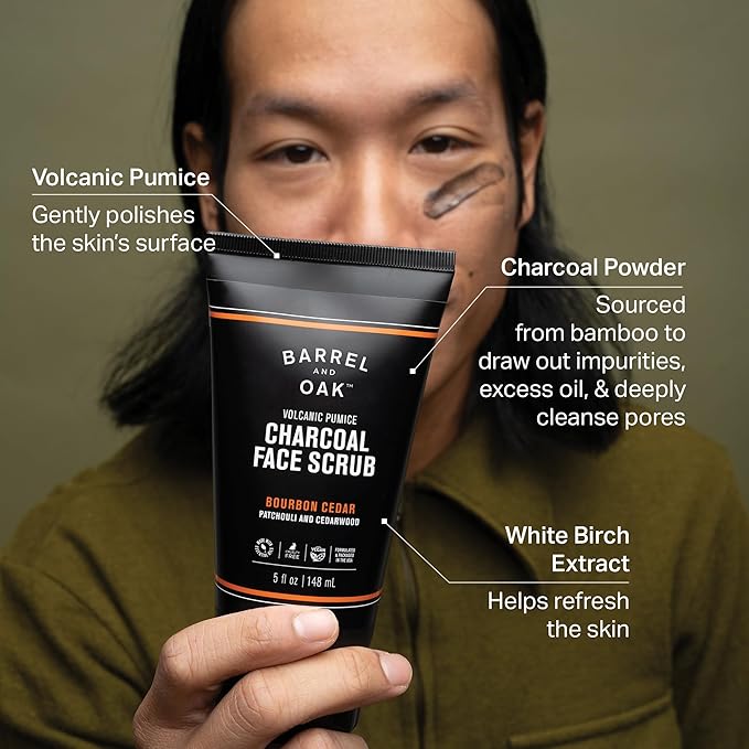 Barrel and Oak Volcanic Pumice & Charcoal Face Scrub for Men, Deep Exfoliating Face Scrub for Dead Skin & Clogged Pores, Promotes Healthy Beard Growth, Vegan, Bourbon Cedar, 5 oz