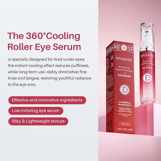 SPODARE Caffeine & Retinol Eye Serum for Dark Circles, Puffiness and Wrinkles, Under Eye Cream with Hyaluronic Acid, Niacinamide & Peptides, Roller Serum with 360°Massage Ball - 0.5 fl. oz