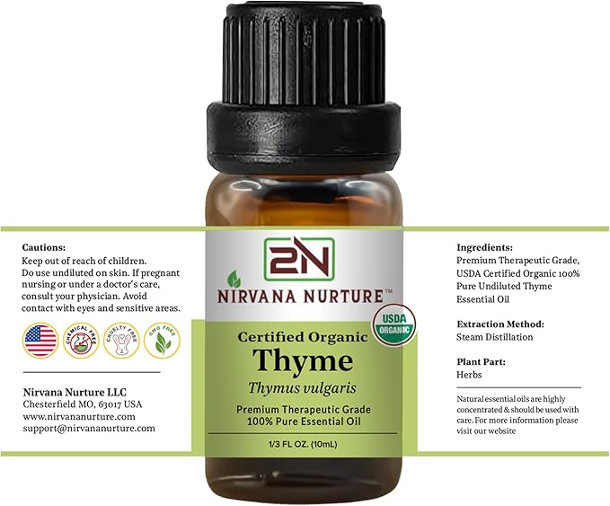 Thyme Essential Oil, USDA Certified Organic, 100% Pure Undiluted, Aromatherapy Oil for Diffuser, Hair & Skin Care