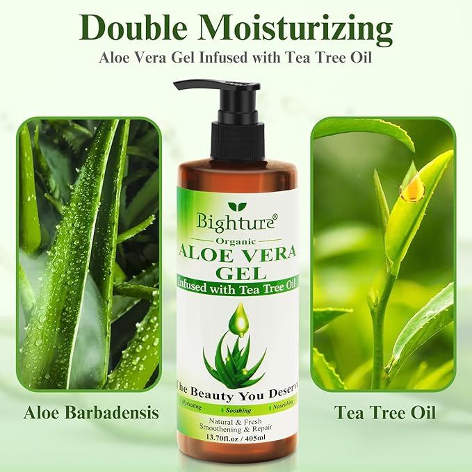 Aloe Vera Gel with Tea Tree Oil for Face, Skin, Hair, Sunburn relief, Aloe Vera Gel from Freshly cut 100% Pure Aloe,13.7oz