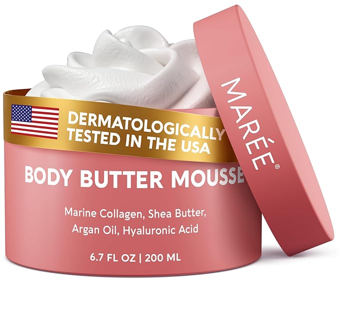 MAREE Body Butter Cream – Whipped Body Butter for Women Smell Good – Ayurvedic Skin Care – Body Moisturizer for Dry Skin – Vanilla Shea Butter Cream for Women & Men with Marine Collagen & Argan Oil