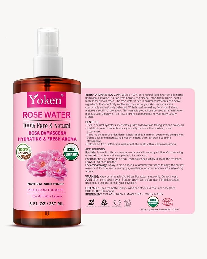 Yoken Organic Rose Water Spray for Face, 8 Fl Oz Fine Mist, Rosewater Face Mist with 100% Pure & Natural Rosa Damascena Rose Hydrosol, USDA Certified Organic, Alcohol Free, Vegan, No Dyes