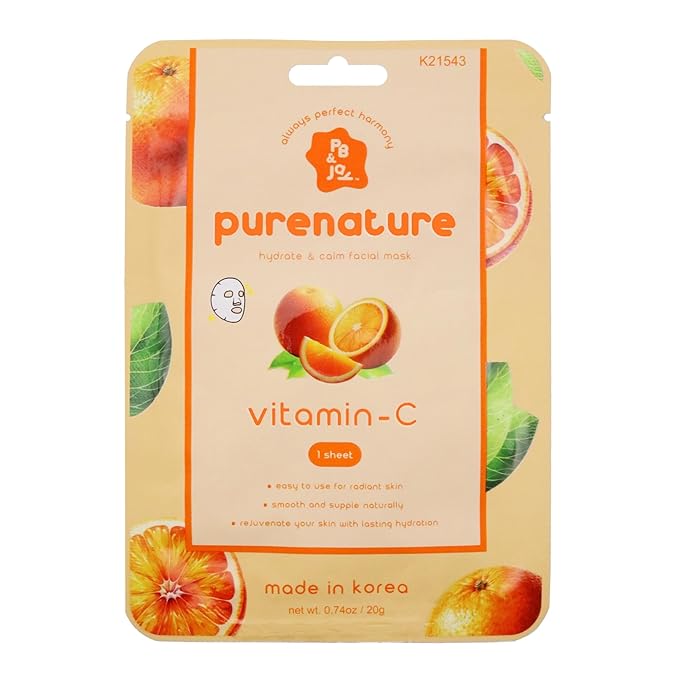 PB & JAY Purenature Facial Mask – Premium Quality Korean Sheet Mask for Dull Skin – Korean Collagen Essence Radiance-Reviving Facemask Sheet (Vitamin C)