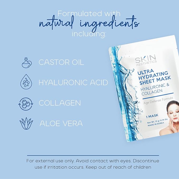 Skin Aesthetics Hyaluronic & Collagen Sheet Face Mask - Skin Firming, Anti-Aging, Moisturizing & Plumping - Dermatologist Tested Korean Skincare - Clean Beauty, Cruelty-Free - 5 Masks