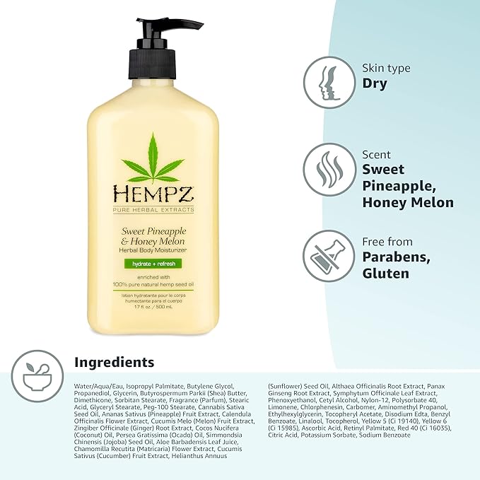Hempz Body Lotion - Sweet Pineapple and Honey Melon - Daily Moisturizing Cream - 17oz,(Pack of 2)