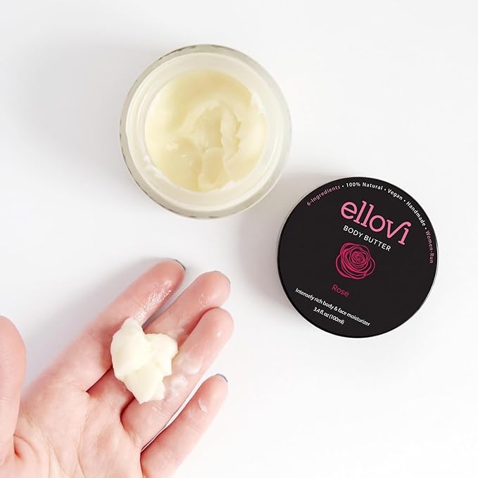 Ellovi All-Natural Body Butter - Rose - Pure Enough to Eat - Made With Just 6 Vegan Ingredients - Ultra-Rich 100% Plant-Based Hydrating Moisturizer For Naturally Healthy Skin (3.4 fl. oz/100ml)