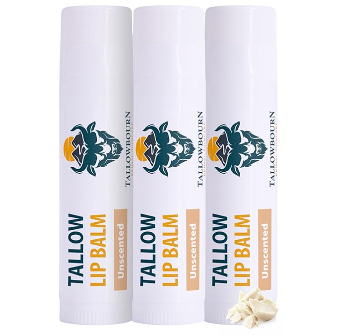 Moisturizing Tallow Lip Balm – Grass-Fed Beef Tallow with Organic Coconut Oil, Beeswax, and Vitamin E – Unscented Lip Balm Set – Travel Essential - 3-Pack