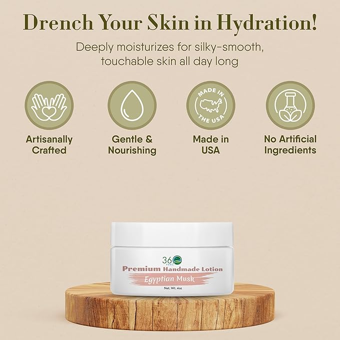 360Feel Egyptian Musk Body Lotion - Hydrates with Coconut & Olive Oil, Plant-Based, Non-Greasy, Sensitive Skin, All Day Use