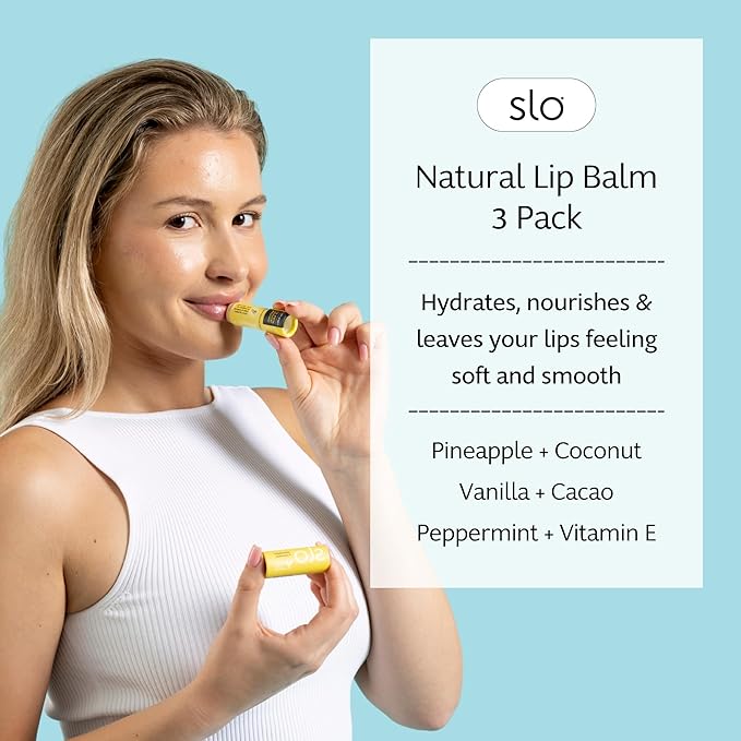 Slo | Natural Lip Balm - All Natural Ingredients, Vegan & Cruelty Free, Hydrating & Soothing, Plastic Free | Pina Colada + Zinc & Peppermint + Vitamin E & Vanilla + Cacao - 3 Pack (3 x 0.28oz/8g)