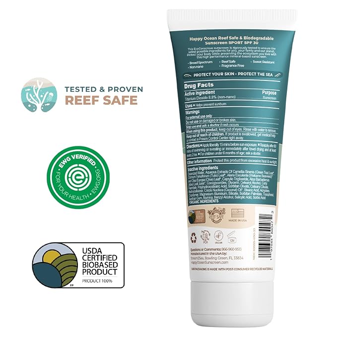 Happy Ocean SPF 30 Reef Friendly Sport Mineral Sunscreen for Face & Body, Non-Nano Zinc Oxide, Natural Organic Non Toxic Mineral Based Coral Reef Safe Sunscreen, Travel Size, Biodegradable 2.5 Fl Oz