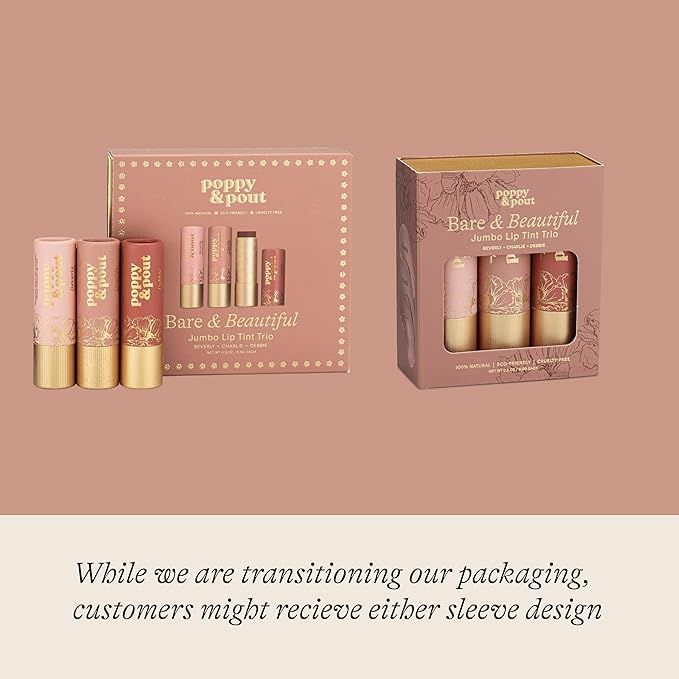 Poppy & Pout All Natural Lip Tints, Sustainable Cardboard Tubes, Hand-filled, Beeswax, Vitamin E, Coconut Oil, Cruelty Free (Bare & Beautiful Trio)