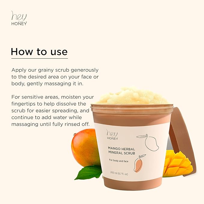 Hey Honey Skincare Mango Herbal Mineral Scrub Dead Sea Salt Exfoliator for Body & Face | Gently Buffs, Smooths & Hydrates Skin | Cruelty-Free, Paraben-Free, Vegetarian | 6.7 oz